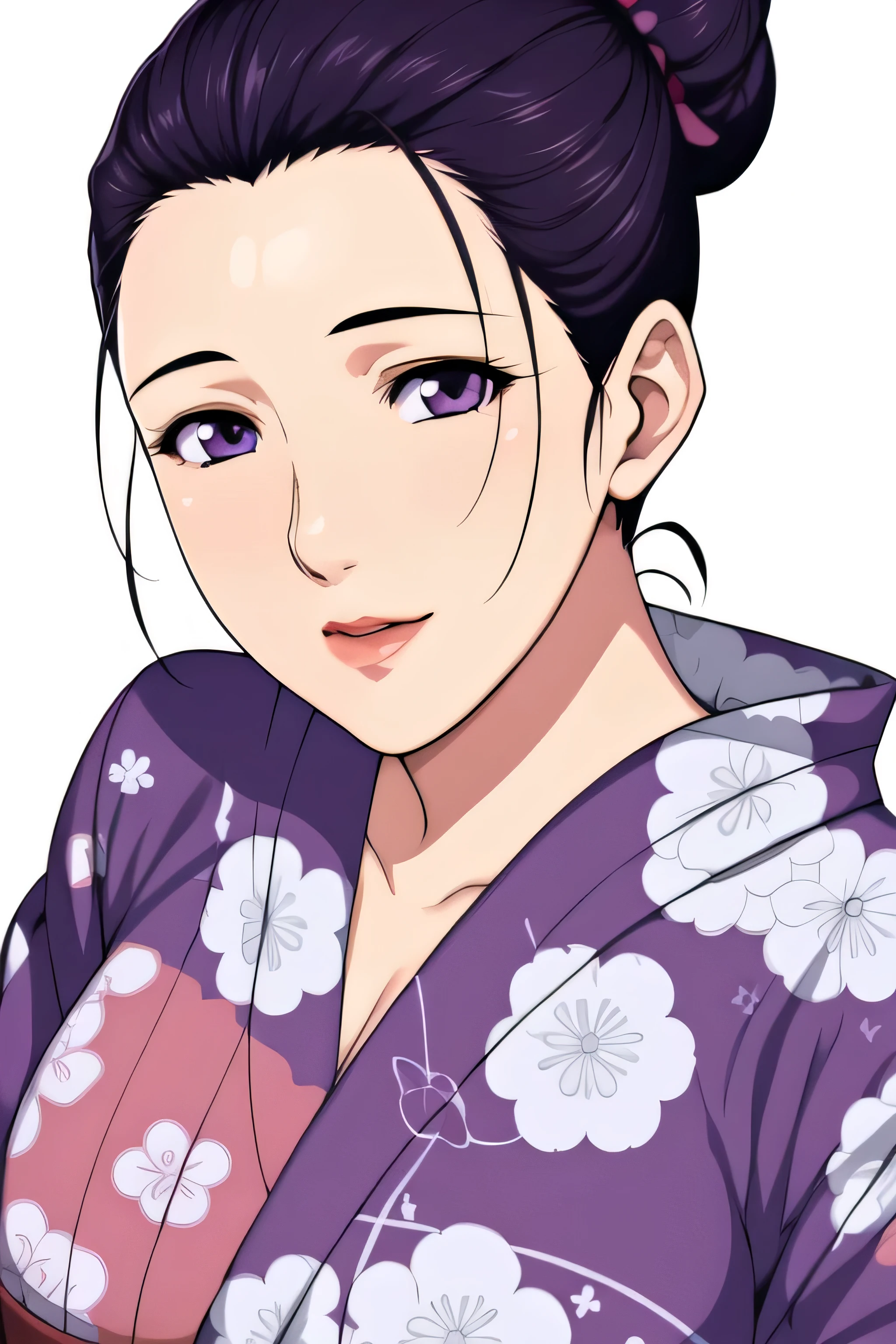 Simple Background,White Background,
purple kimono,floral print,japanese clothes,wide sleeves,long sleeves,
cleavage,
purple eyes, black hair,bangs,hair bun,
1 girl,Young female,Beautiful long legs,Beautiful body,
Beautiful Nose,Beautiful character design, perfect eyes, perfect face,expressive eyes,perfect balance,
looking at viewer,(Focus on her face),closed mouth, (innocent_big_eyes:1.0),(Light_Smile:0.3),
official art,extremely detailed CG unity 8k wallpaper, perfect lighting,Colorful, Bright_Front_face_Lighting,White skin,
(masterpiece:1.0),(best_quality:1.0), ultra high res,4K,ultra-detailed,
photography, 8K, HDR, highres, absurdres:1.2, Kodak portra 400, film grain, blurry background, bokeh:1.2, lens flare, (vibrant_color:1.2),professional photograph,
(Beautiful,large_Breasts:1.4), (beautiful_face:1.5),(narrow_waist), single bun hairstyle