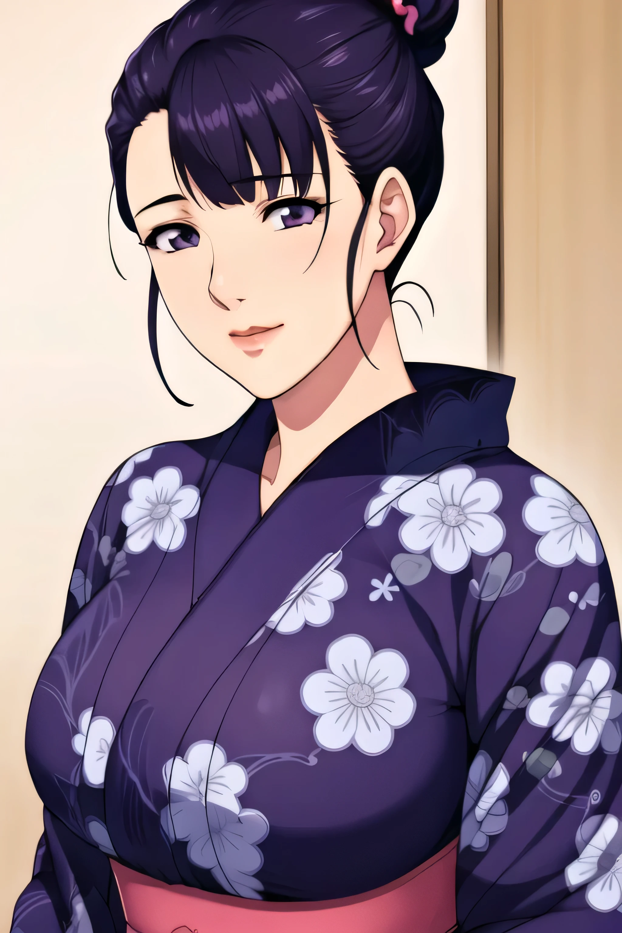 Simple Background,White Background,
purple kimono,floral print,japanese clothes,wide sleeves,long sleeves,
cleavage,
purple eyes, black hair,bangs,hair bun,
1 girl, 20yo,Young female,Beautiful long legs,Beautiful body,
Beautiful Nose,Beautiful character design, perfect eyes, perfect face,expressive eyes,perfect balance,
looking at viewer,(Focus on her face),closed mouth, (innocent_big_eyes:1.0),(Light_Smile:0.3),
official art,extremely detailed CG unity 8k wallpaper, perfect lighting,Colorful, Bright_Front_face_Lighting,White skin,
(masterpiece:1.0),(best_quality:1.0), ultra high res,4K,ultra-detailed,
photography, 8K, HDR, highres, absurdres:1.2, Kodak portra 400, film grain, blurry background, bokeh:1.2, lens flare, (vibrant_color:1.2),professional photograph,
(Beautiful,large_Breasts:1.4), (beautiful_face:1.5),(narrow_waist), single bun hairstyle