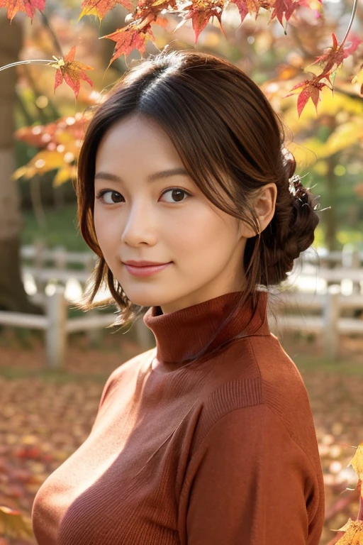 photorealistic, Real Photo, anatomically correct, accurate, textured skin, super detail, 
whole body, 1 girl, beautiful Japanese woman, 
looking at viewer, light smile, Natural Makeup, 
large breasts, Glamorous Body, Plum Thighs, 
Wearing a turtleneck sweater, autumn Clothing, 
(Autumn forest, red leaves all over the ground:1.4), Magnificent autumn sunset sky , Autumnal tree in the foreground, autumn trees and leaves,  
A pleasant breeze, natural lighting, (backlighting), (face rim light:1.2), blurred background, depth of field, UHD, 8k