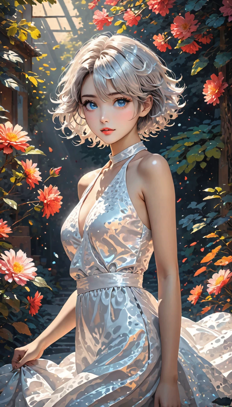 (Highest quality、4K、8k、High resolution、masterpiece:1.2)、Very detailed、(Genuine、Realistic、Realistic:1.3)、blonde、Pixie Cut、Black choker、soft, Wide chest gap、Floral Camisole、Full body photo