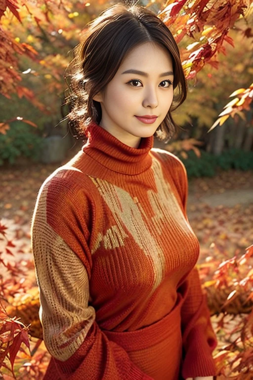 photorealistic, Real Photo, anatomically correct, accurate, textured skin, super detail, 
whole body, 1 girl, beautiful Japanese woman, 
looking at viewer, light smile, Natural Makeup, 
large breasts, Glamorous Body, Plum Thighs, 
(Wearing a turtleneck sweater:1.2), autumn Clothing, 
(Autumn forest, red leaves all over the ground:1.4), (Magnificent autumn sunset sky:1.2) , Autumnal tree in the foreground, autumn trees and leaves,  
A pleasant breeze, natural lighting, (backlighting), (face rim light:1.2), blurred background, depth of field, UHD, 8k