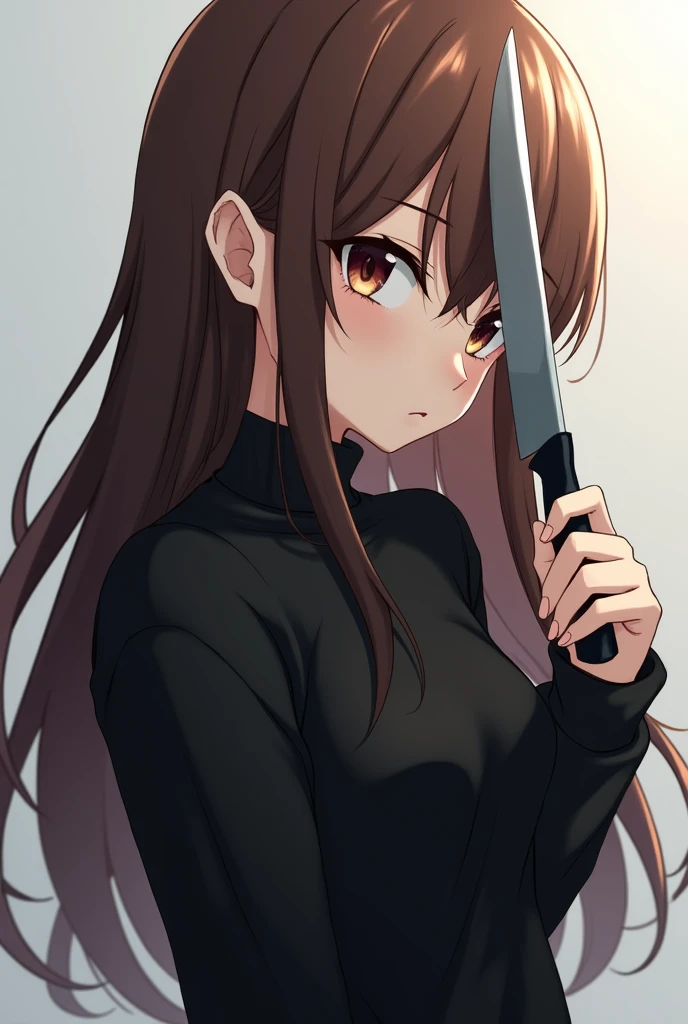<lora:madotsuki-18:0.8> madotsuki, pink sweater, logo, skirt, eyes closed, upper body, holding kitchen knife