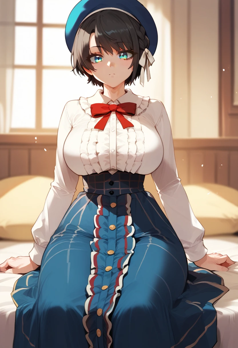 masterpiece, Highest quality, High resolution, shubaBase, black hair, gradient eyes, aqua eyes, short hair, swept bangs, short hair, Hair Ribbon, Blue hat, Red bow tie, Center frill, Frilled shirt, White shirt, Long sleeve, High Waist Skirt, Blue Skirt, Checked skirt, Sitting、Huge breasts