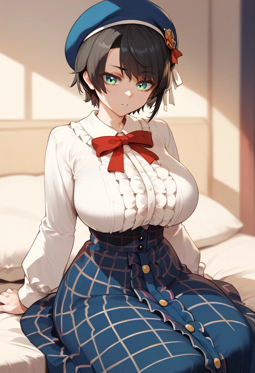 masterpiece, Highest quality, High resolution, shubaBase, black hair, gradient eyes, aqua eyes, short hair, swept bangs, short hair, Hair Ribbon, Blue hat, Red bow tie, Center frill, Frilled shirt, White shirt, Long sleeve, High Waist Skirt, Blue Skirt, Checked skirt, Sitting、Huge breasts