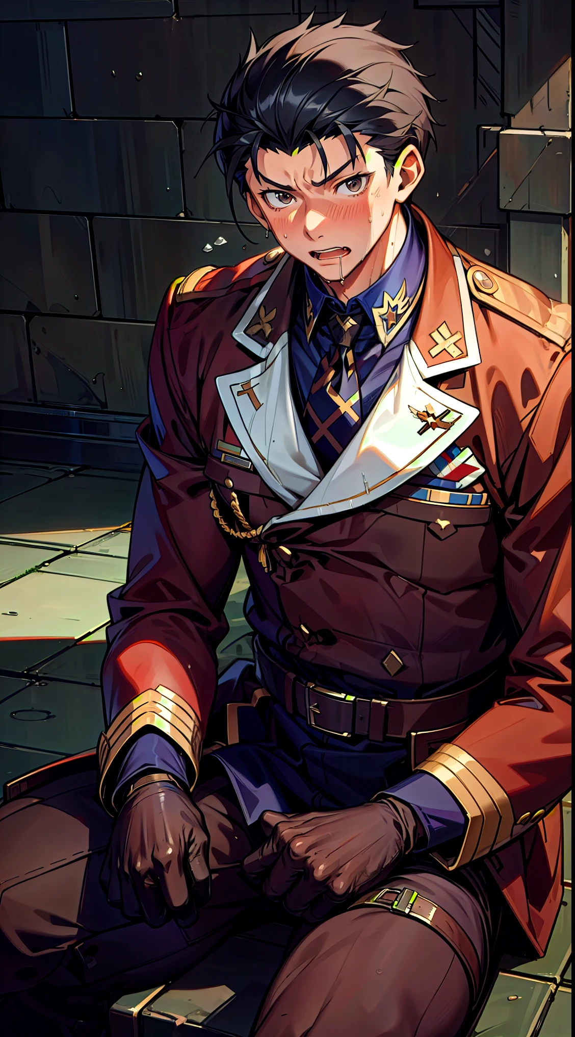 Hector Fay, Ultra high quality cg, solitary, Looking at the audience, Open your mouth, Sweating, Wet, Drooling, Gloves, 1 man, whole body, Sitting astride,Male focus, tie,shirt, military uniform,A holster on his thigh