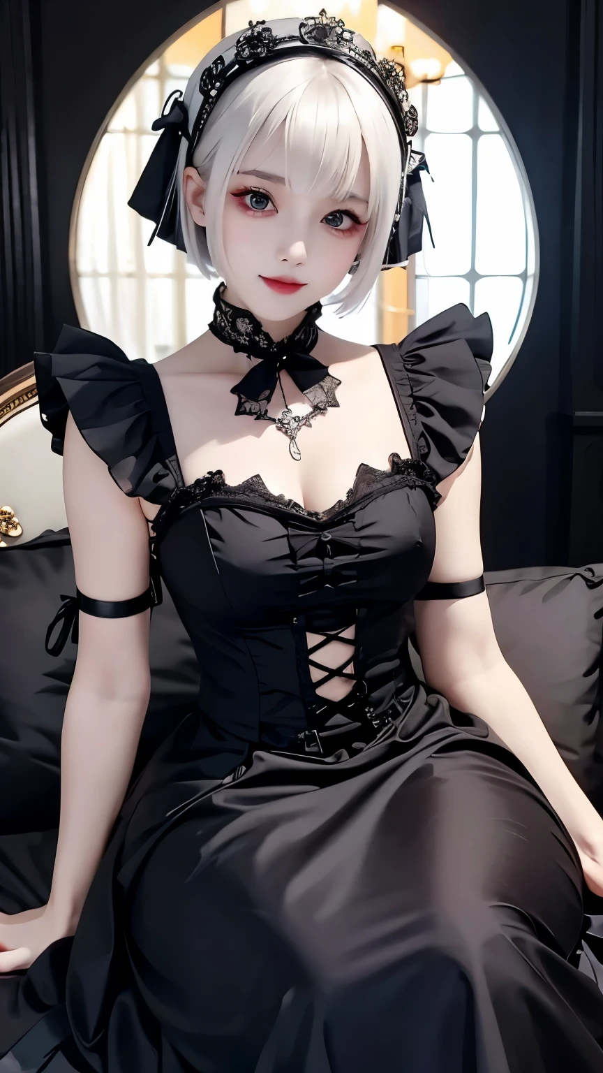 short-hair、Gothic Lolita in Japan、hotpants、Perforated Lace Knee Socks、head phone、Hold the sword、Red mesh with white hair、Black boots、Floral hair ornament