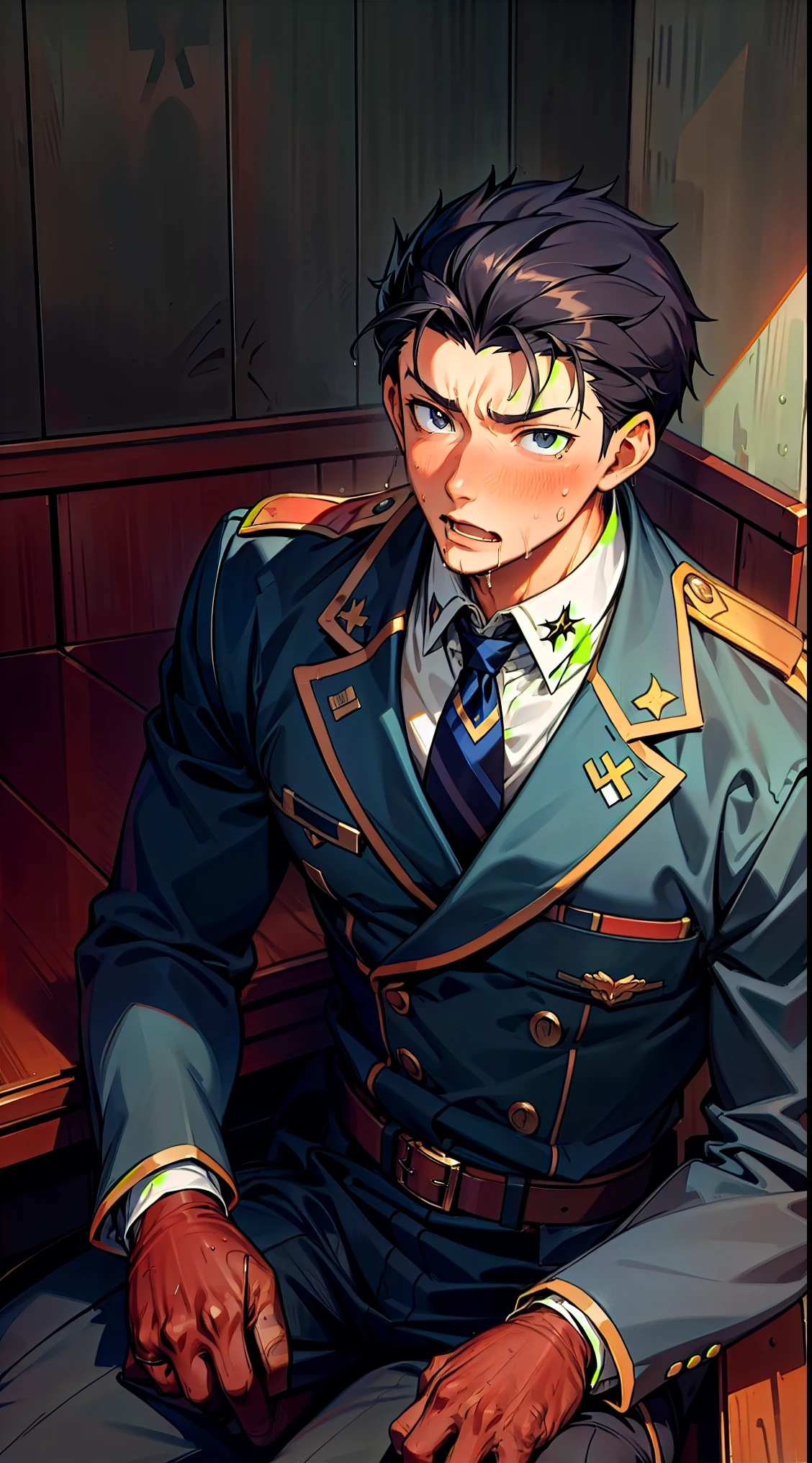 Hector Fay, Ultra high quality cg, solitary, Looking at the audience, Open your mouth, Sweating, Wet, Drooling, Gloves, 1 man, whole body, Sitting astride，Male focus, tie，shirt， military uniform，A holster on his thigh
