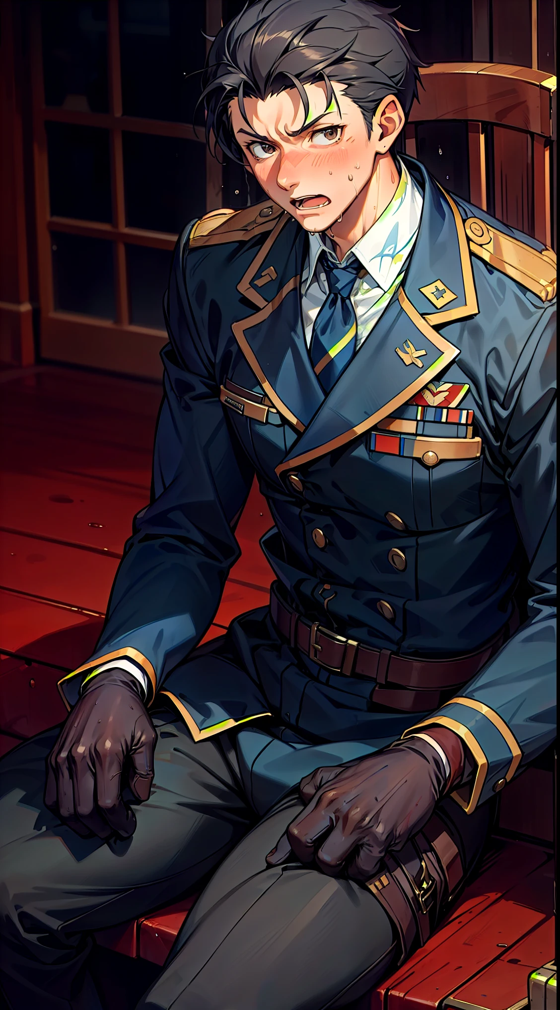 Hector Fay, Ultra high quality cg, solitary, Looking at the audience, Open your mouth, Sweating, Wet, Drooling, Gloves, 1 man, whole body, Sitting astride，Male focus, tie，shirt， military uniform，A holster on his thigh
