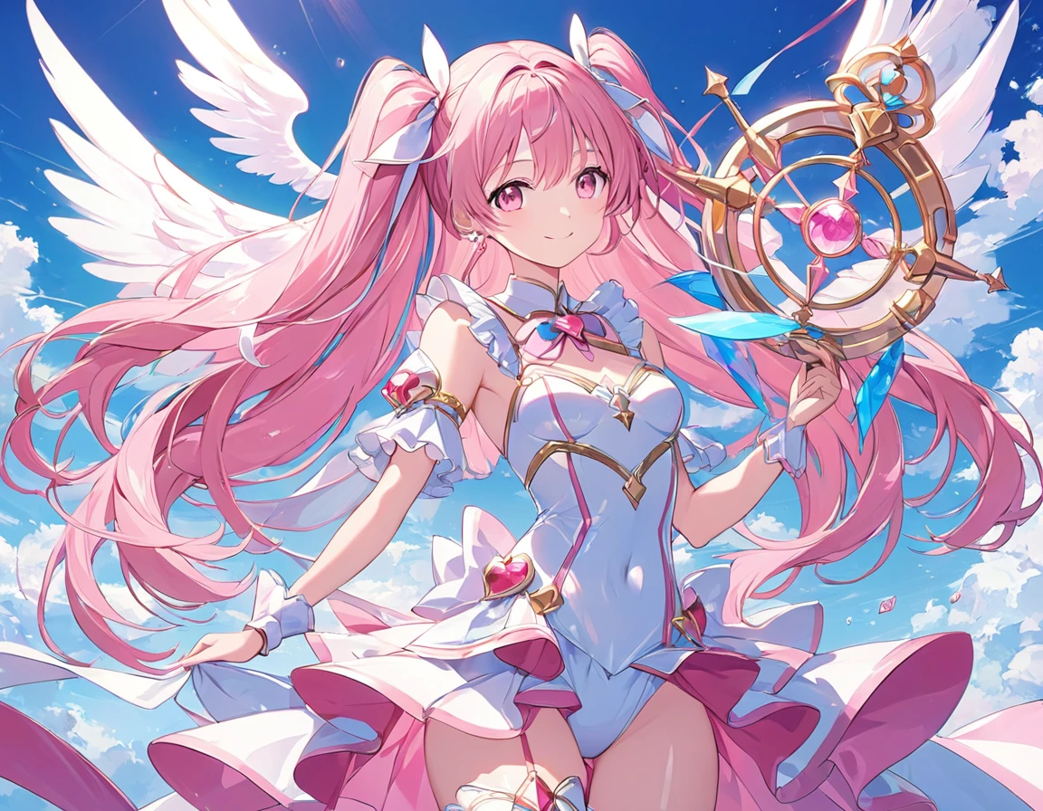 ((masterpiece)), ((Best Quality)), (Super detailed), ((cute)), cute, (Nice), ((sexy)), (device), ((Very detailed)), 4K, (8k), Best Quality, (beautiful), One Girl, , Shiny skin, Pink Hair, Long Hair, Raise both sides, Pink Eyes, Magical Girl, , Small breasts, smile, Miracles of god, god&#39;Beloved Daughter, god圣之光, god Bless, Holy Virgin, (Perfect Anatomy:1.3), beautiful手, beautiful fingers, ((Pink high leg leotard:1.3)), White ruffle skirt, Pink gloves with white frills, Pink knee-high socks, Hair tied with a red ribbon, magic circle, Pink magic light, Starlight, Pink Crystal, Shine, Black background, Dynamic pose, Dynamic Angle, Cowboy Shot,By god, ((masterpiece)), ((Best Quality)), (Super detailed), ((cute)), cute, (Nice), ((sexy)), (device), ((Very detailed)), 4K, (8k), Best Quality, (beautiful)