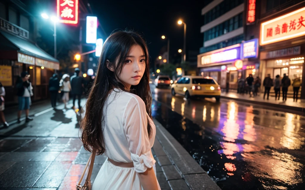 A beautiful girl who is upset because she is wet in the heavy rain, street view, street photography, With a little dress, thin cloth