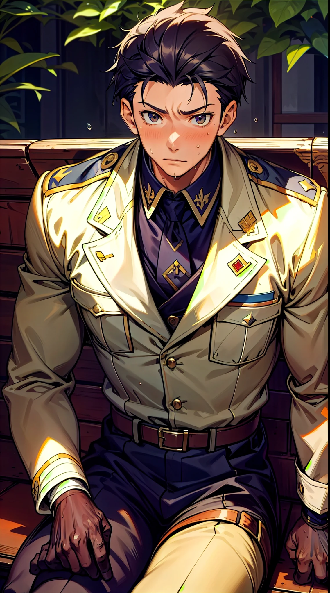 Hector Fay, Ultra high quality cg, solitary, Looking at the audience, Open your mouth, Sweating, Wet, Drooling, Gloves, 1 man, whole body, Sitting astride，Male focus, tie，shirt， military uniform，A holster on his thigh
