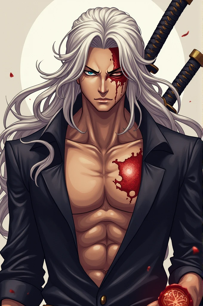 male character, LONG white hair, Eyes red, vampire fangs. Defined body without a shirt, black pants. anime dash