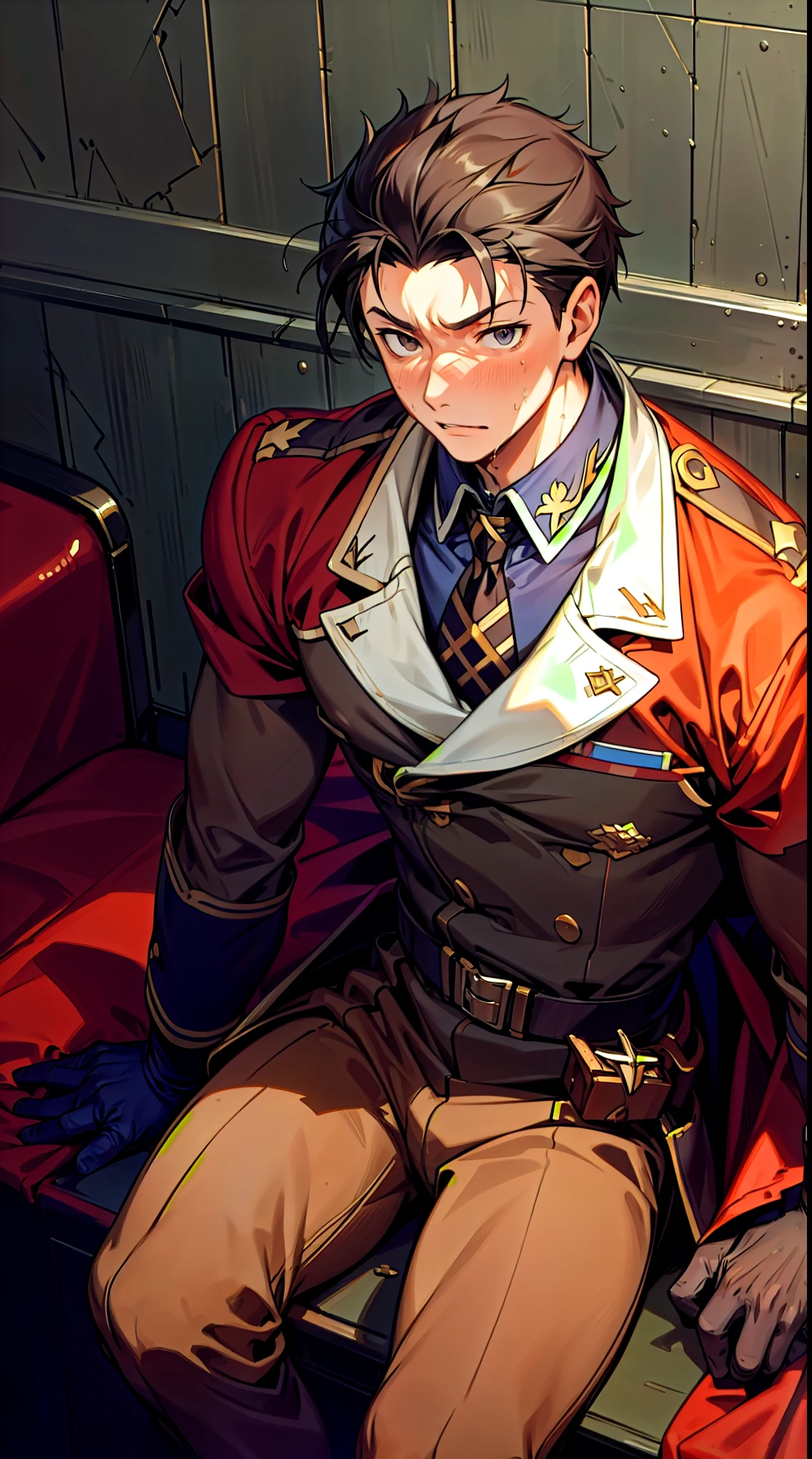 Hector Fay, Ultra high quality cg, solitary, Looking at the audience, Open your mouth, Sweating, Wet, Drooling, Gloves, 1 man, whole body, Sitting astride，Male focus, tie，shirt， military uniform，A holster on his thigh
