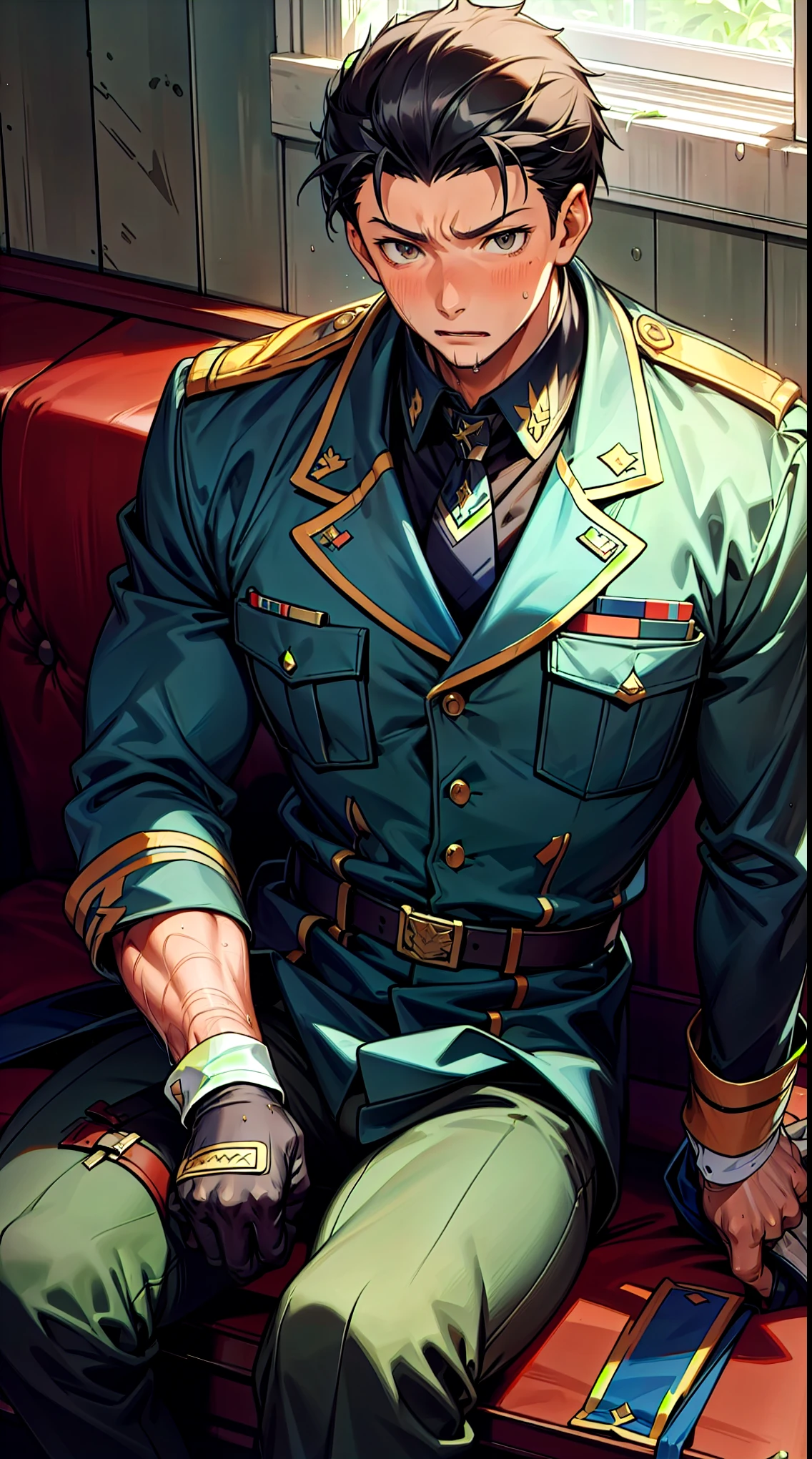 Hector Fay, Ultra high quality cg, solitary, Looking at the audience, Open your mouth, Sweating, Wet, Drooling, Gloves, 1 man, whole body, Sitting astride，Male focus, tie，shirt， military uniform，A holster on his thigh
