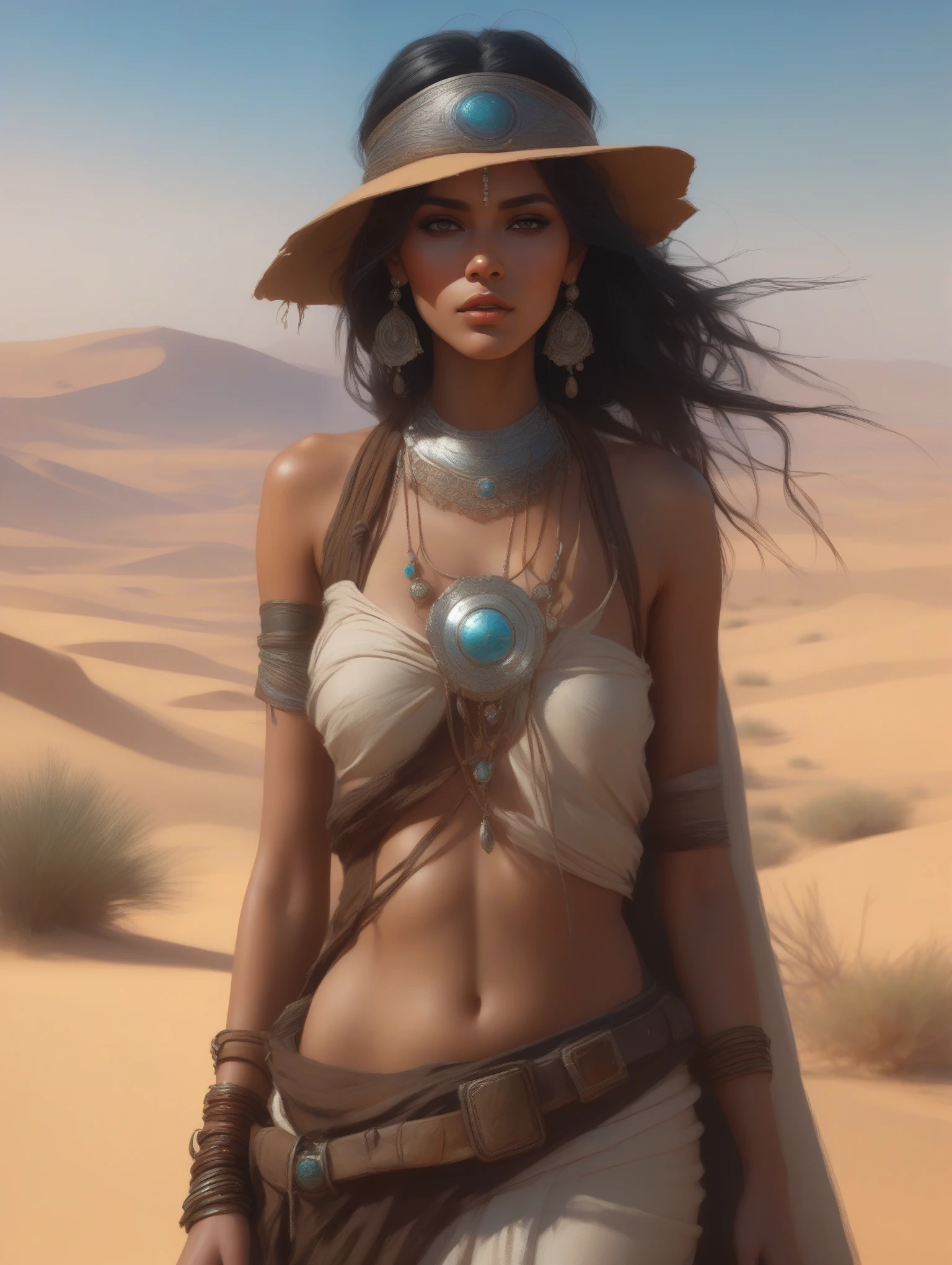 a full body portrait of a beautiful nude:1.8 awoman post apocalyptic offworld desert bedouin blind beggar by the well, intricate, elegant, highly detailed, digital painting, artstation, concept art, smooth, sharp focus, illustration, art by krenz cushart and artem demura and alphonse mucha