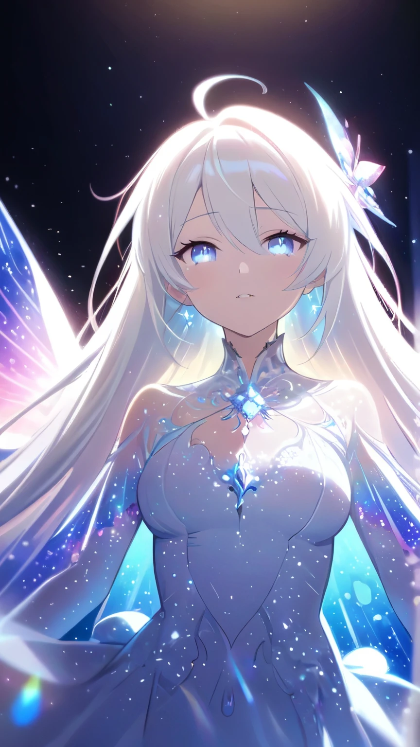 A beautiful young woman with long white hair falling gracefully from the sky, with a symmetrical, highly detailed face, surrounded by translucent multicolored glitters in a soft, dreamy, and dramatic lighting, elegant and intricate,vivid color,sparkling,god rays,iridescence,threads of light,holy aura,kiana_kaslana_