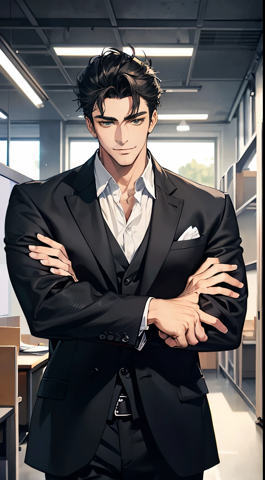 1 mature man, very handsome, without expression, smile, short grey black hair, green eyes, penetrating gaze, perfect face without errors, imposing posture, businessman, office background, cinematic lighting, hdr image, Van Gogh style