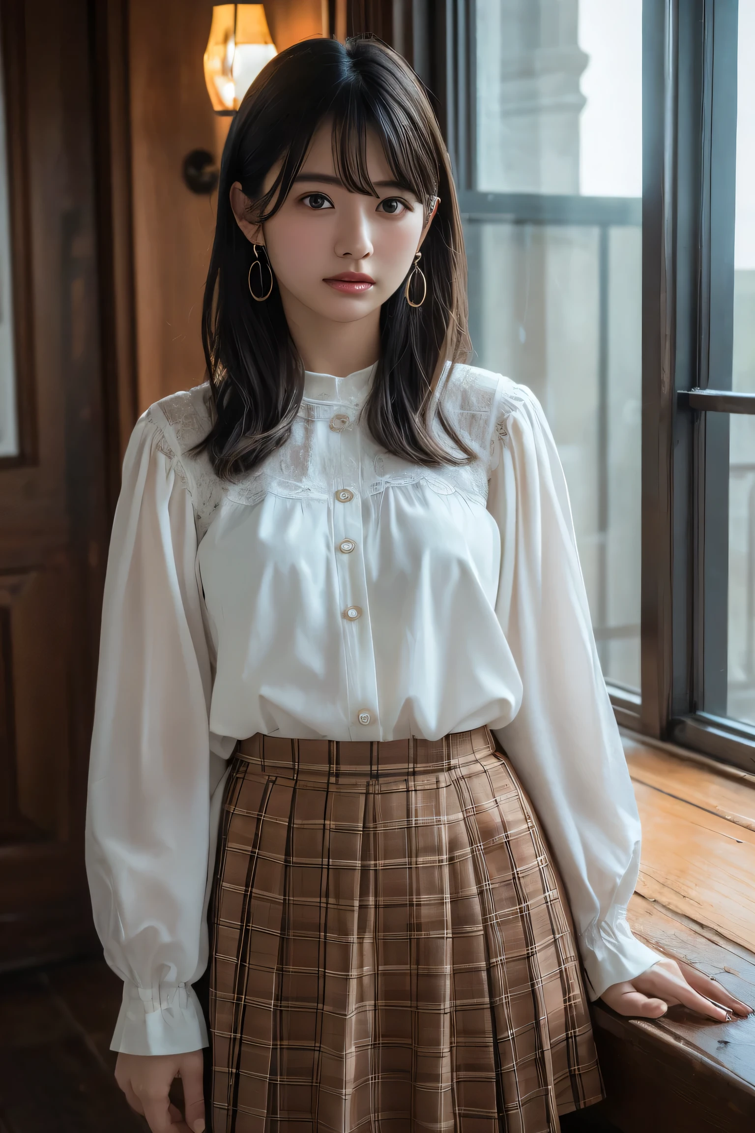 master piece , best quality , detailed , blouse , skirt , sitting , (from front) , bed room , indoor
