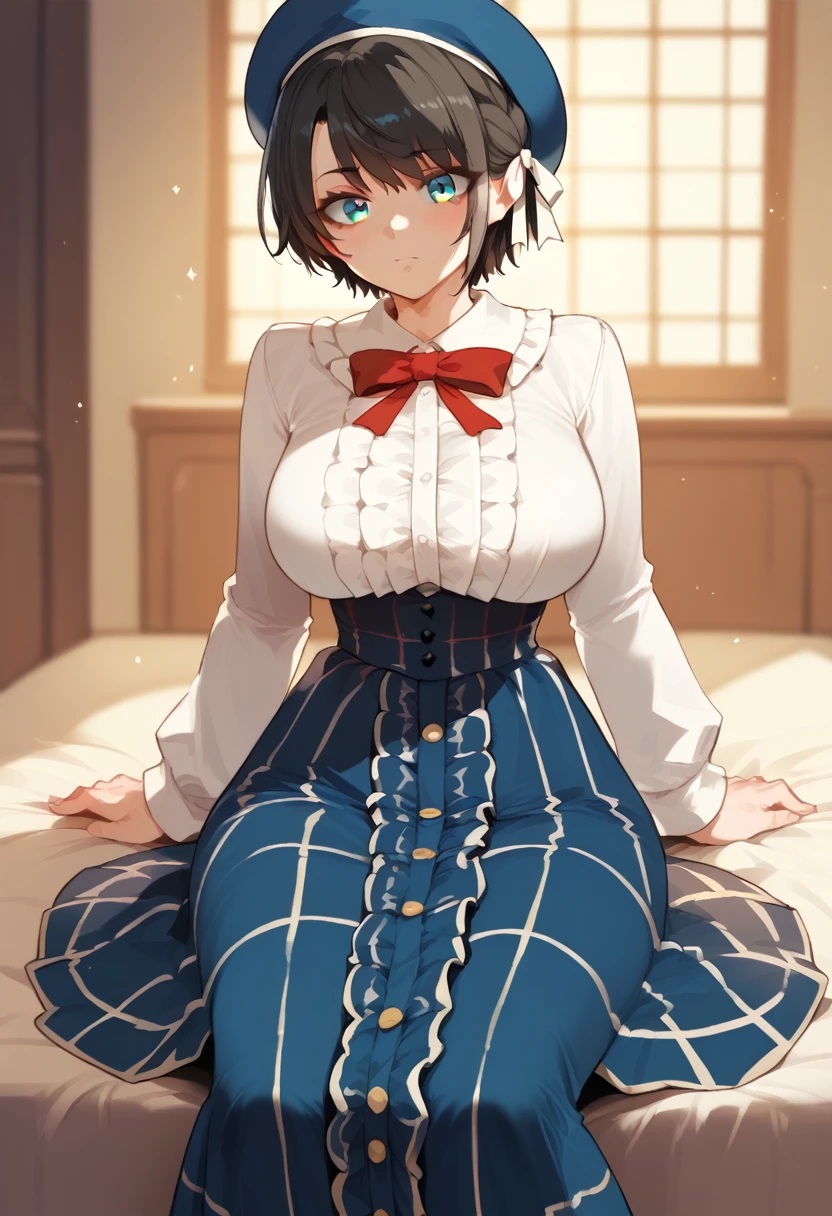 masterpiece, Highest quality, High resolution, shubaBase, black hair, gradient eyes, aqua eyes, short hair, swept bangs, short hair, Hair Ribbon, Blue hat, Red bow tie, Center frill, Frilled shirt, White shirt, Long sleeve, High Waist Skirt, Blue Skirt, Checked skirt, Sitting、Huge breasts