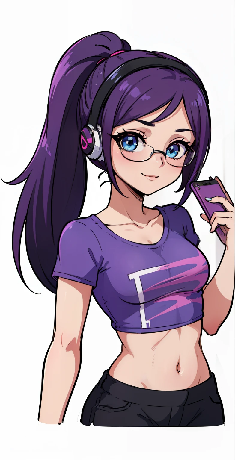 ((best quality), (high quality), (detailed), (masterpiece), good artist, 1girl, ( violet hair), (blue eyes), sunglasses, headphones, short ponytail, casual wear, gentle smile, ((under crop top)), ((crop top)), ((purple t shirt)), black pants, a two headed woman with beautiful detailed eyes, (detailed hairstyles), strong and confident expressions, pre- girl, beautiful body and face, barn, ((phoneaholic teenager)), (length hair)