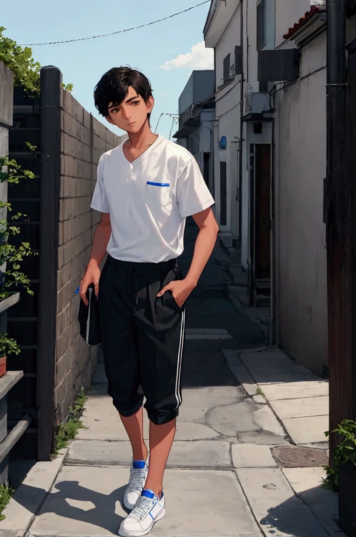 Mexican boy, , short black hair, brown eyes, dressed in a white short-sleeved shirt , blue pants and black tennis shoes in high school