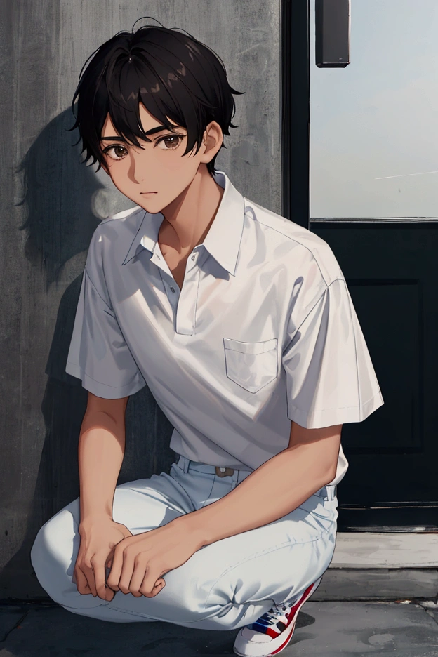 Mexican boy, , short black hair, brown eyes, dressed in a white short-sleeved shirt , blue pants and black tennis shoes in high school