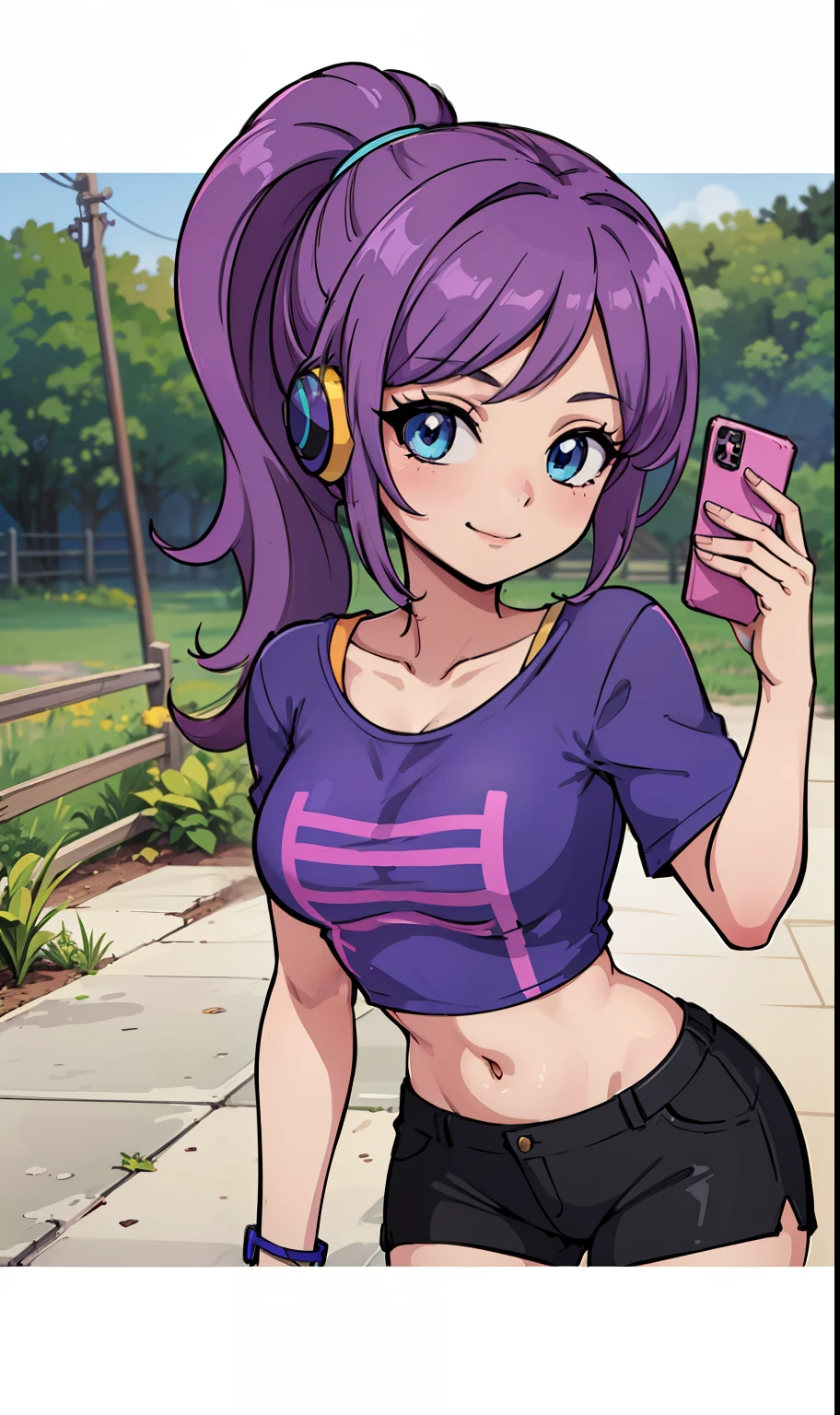 ((best quality), (high quality), (detailed), (masterpiece), good artist, 1girl, ( violet hair), (blue eyes), sunglasses, headphones, short ponytail, casual wear, gentle smile, ((under crop top)), ((crop top)), ((purple t shirt)), black pants, a two headed woman with beautiful detailed eyes, (detailed hairstyles), strong and confident expressions, pre- girl, beautiful body and face, barn, ((phoneaholic teenager)), (length hair)