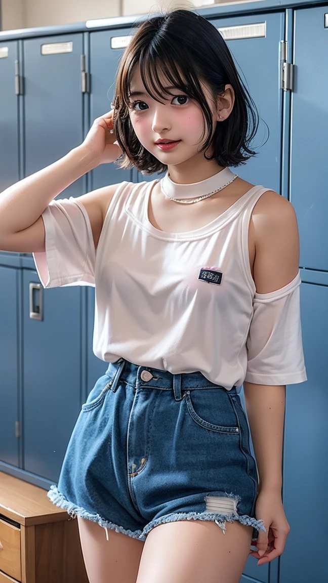8K picture quality、high resolution、Realistic skin texture、high resolutionの瞳、Miss、日本夏季森林里Miss、Sleeveless knitted shirt、Short pleated skirt,Thin脚、sports shoes,Princess hairstyle、Thin、、Large Breasts、(a charming smile:1.2), Brown hair、Large target、Sweat accumulates on the chest、Comb your hair up
