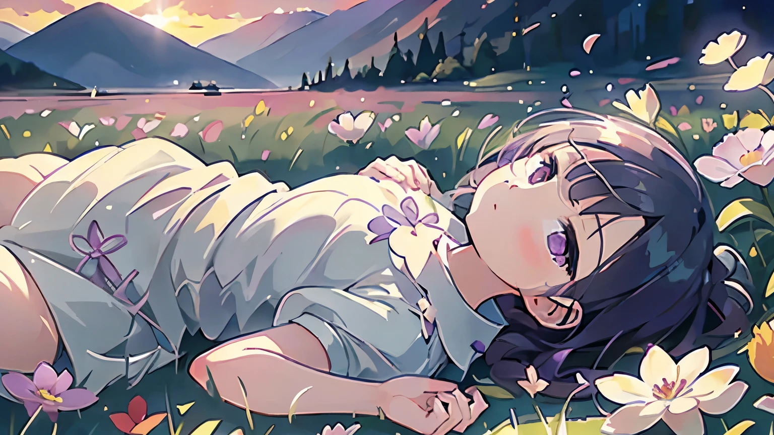 1girl, feline race, sleeping on grass, wearing white shirt, white short, 8K, high resolution