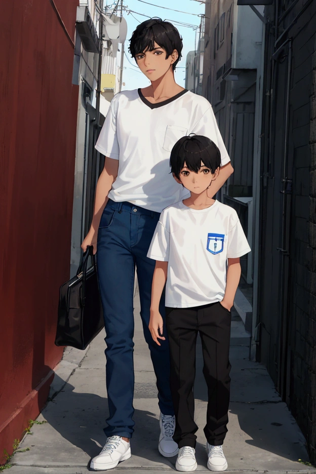 Mexican boy, , short black hair, brown eyes, dressed in a white short-sleeved shirt , blue pants and black tennis shoes in high school