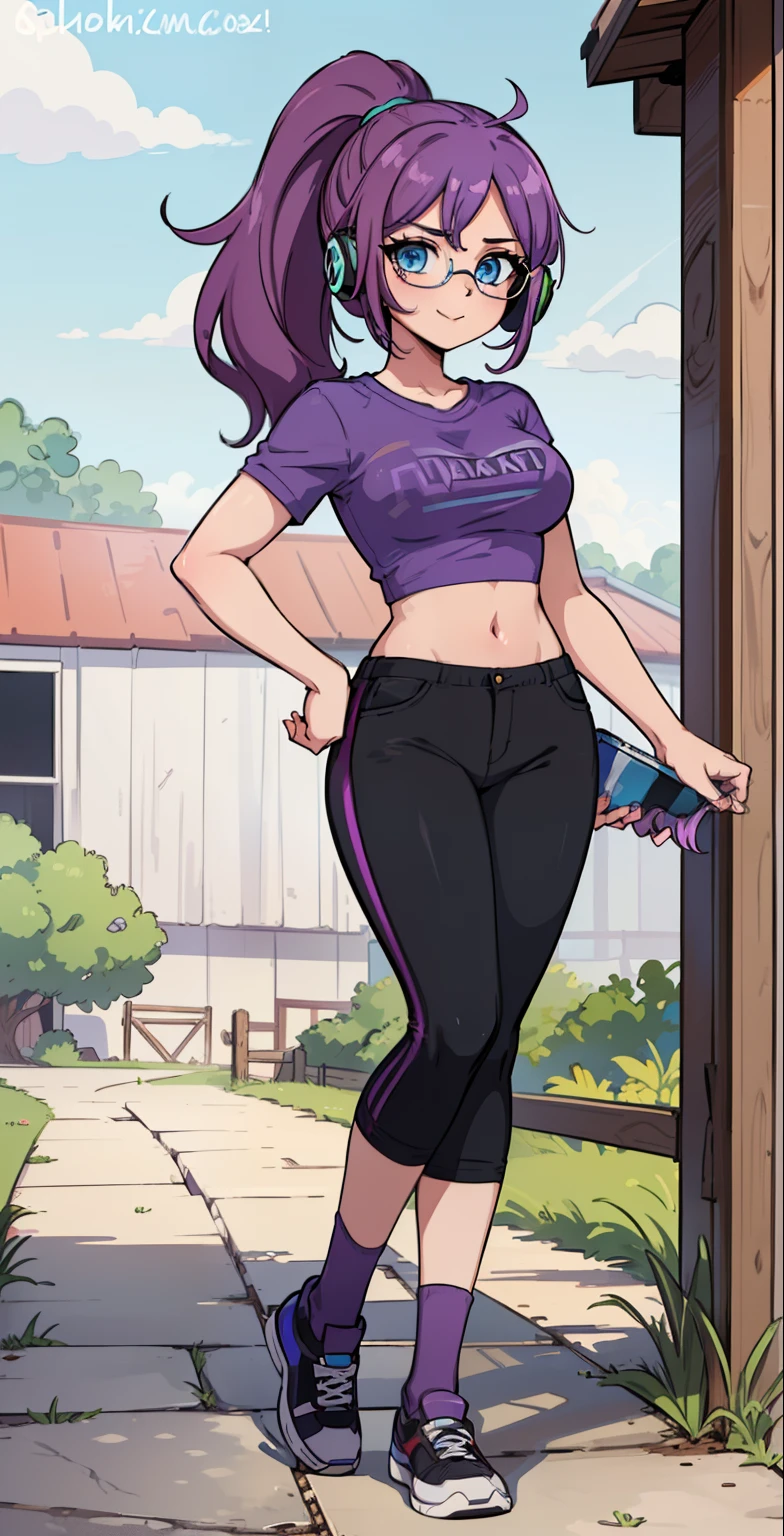 ((best quality), (high quality), (detailed), (masterpiece), good artist, 1girl, ( violet hair), ((blue eyes)), (sunglasses), headphones, short ponytail, casual wear, gentle smile, ((under crop top)), ((crop top)), ((purple t shirt)), black pants, a two headed woman with beautiful detailed eyes, (detailed hairstyles), strong and confident expressions, pre- girl, beautiful body and face, ((barn)), ((phoneaholic teenager)), (length hair), full body