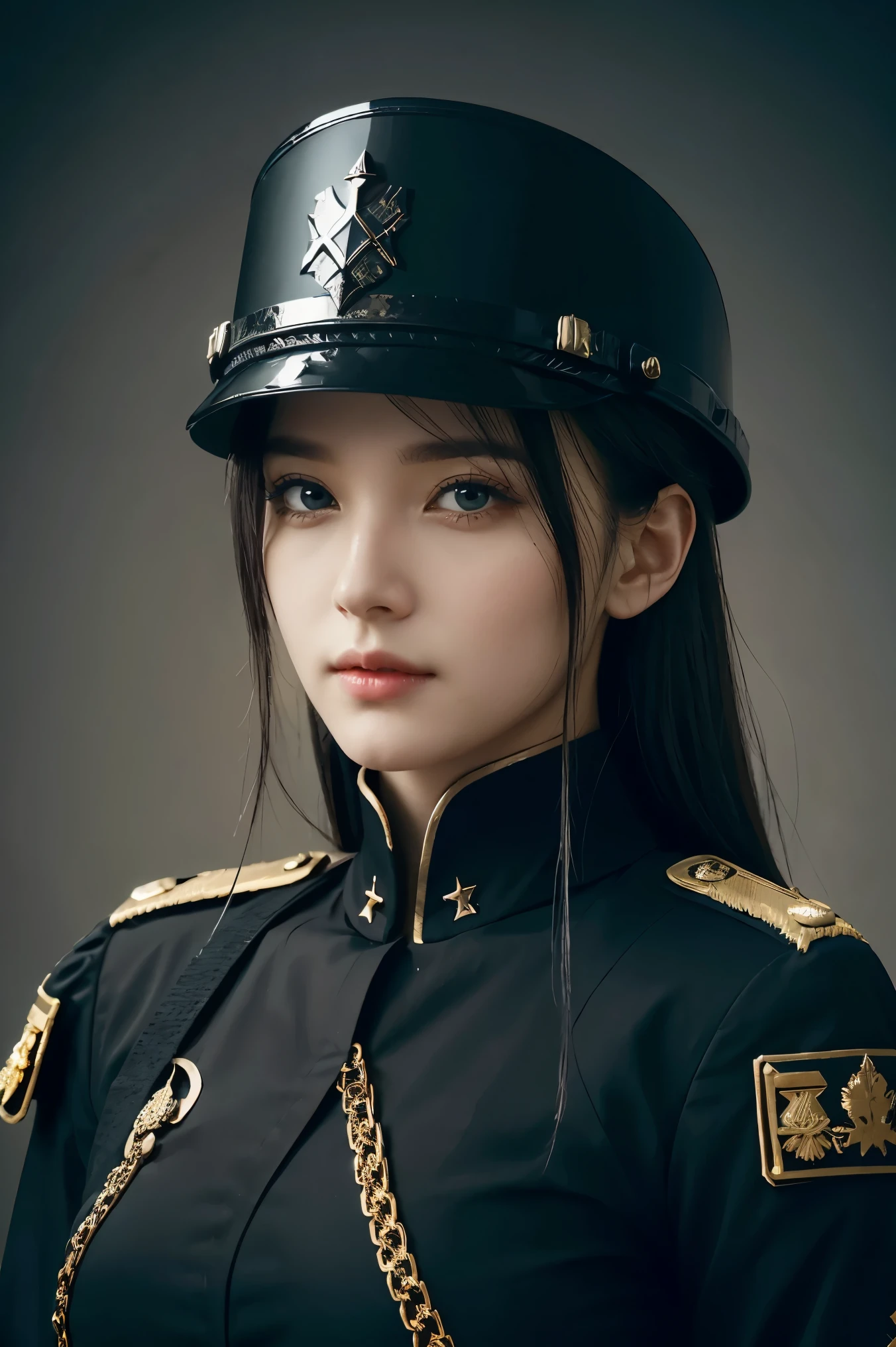 A woman wears a black Gothic style military uniform., Black military helmet with gold details., Iron cross symbol on a soldier&#39;s helmet, long white hair, conjunctivitis, black boots, In the autumn theme forest, (Just a woman, alone),HDR, very detailed, Extra resolution, Masterpiece. 8k HD.
