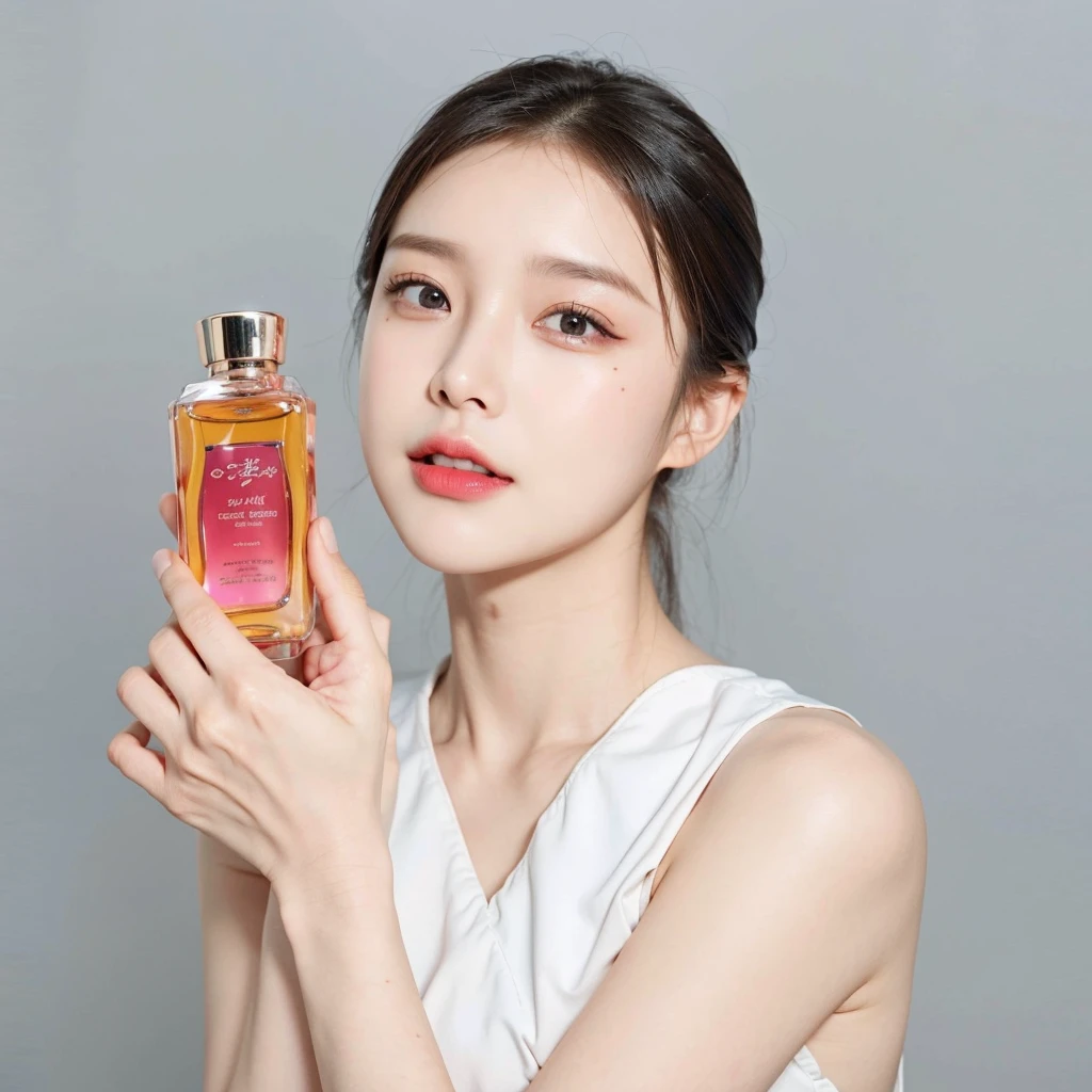 A korea woman holding a bottle of perfume in her hand, perfume, sha xi, carrying a bottle of perfume, lu ji, fan bingbing, lee ji-eun, lee ji - eun, korean, gongbi, tiffany, shin min jeong, beauty woman, lulu chen, heonhwa choe, korean woman, li bingbing.
Masterpiece, ultra detailed, realistic, photo realistic, high detail RAW color photo, professional photograph, extremely detailed, finely detail, lens flare, Dynamic lighting, 8K, RAW Photo, Best High Quality, Masterpiece: 1.2, Ultra HD: 1, High Detail RAW Color Photo, Pro Photo, Realistic, Photo Realistic: 1.5, Live Photo, Super detailed, Masterpiece, Real Skin, Realistic Skin, Realistic HD Eyes, Highly detailed Eyes, Perfect Eyes, Perfect face, Perfect fingers, extremely detailed face, extremely detailed eyes, extremely detailed skin, perfect anatomy.