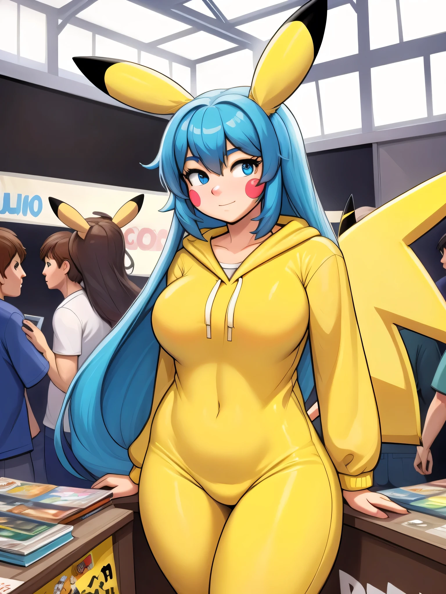 (Masterpiece) (High Detail) (High Res) A close up of a short little slim humanoid girl with pale human skin and blue eyes and long blue hair and blue dog ears and a fluffy blue dog tail and average breasts. She is stood at a comic book convention surrounded by stalls, crowds and vendors. She is dressed in a yellow onesie Pikachu costume with yellow pikachu tail and yellow pikachu ears. Pokemon. Pikachu.