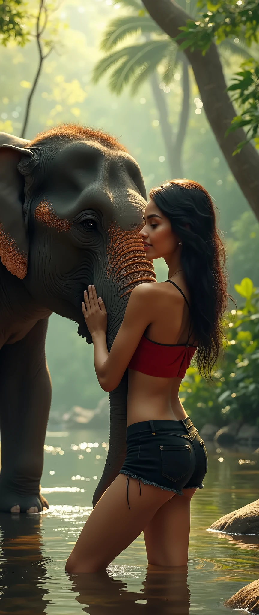 In the dense forest, a beautiful white-skinned Thai woman, her body naked, revealing her pubic hair, a clear cleavage, and large breasts, is running away from an elephant that is running towards her at the edge of a pond in the desolate forest. The atmosphere of the forest is clear in the morning, sunlight shines through the large trees and falls on her body just right.