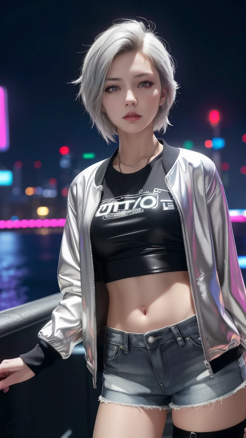 (Best Quality, 8K, High Resolution, Masterpiece: 1.2), High Definition, Solo, Girl, (Silver jacket, T-shirt, shorts, cyberpunk style, night city, neon lights:1.2), Large Medium Tits, Solo, Stylish Pose, Stylish Angle, Viewing Cowboy shot in the center of the image, Detailed eyes, symmetrical eyes,
