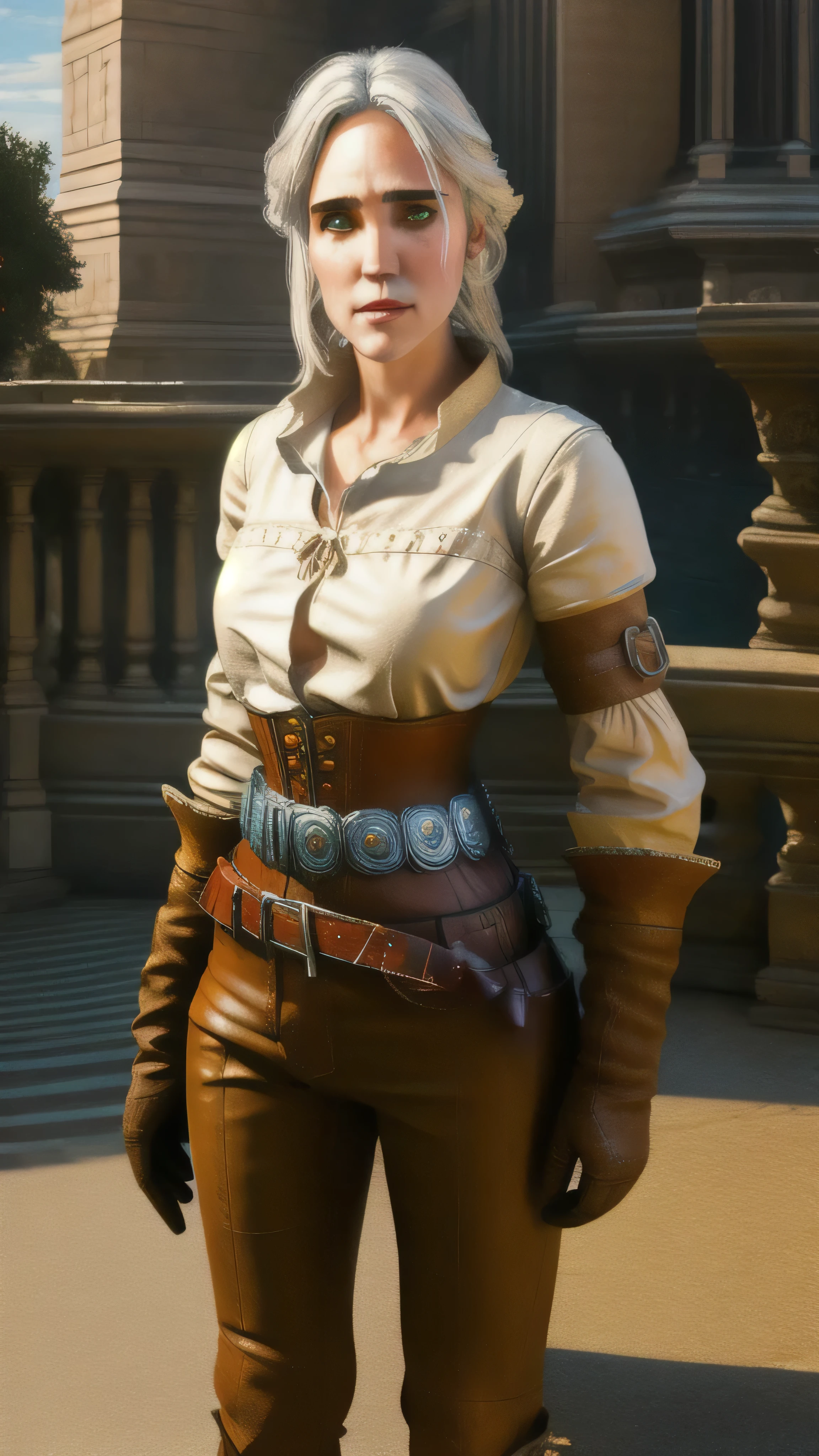 Jennifer Connelly as Ciri, green eyes, white hair, (scar across eye), white shirt, brown gloves, corset, leather belt, leather boots, pants,  cloudy sky, cityscape, balcony, (insanely detailed, beautiful detailed face, masterpiece, best quality), cinematic lighting, 1woman, solo, full body view, front view, looking at viewer, intricate, high detail, sharp focus, dramatic, photorealistic painting art by greg rutkowski