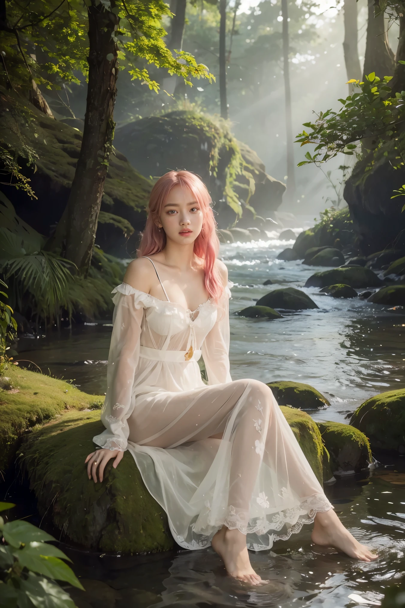 Rose from blackpink, pink hair, (full body), wearing medieval long cotton nightie clothes, sitting on a rock, feet in the water, Drenched hair, The background is a forest, sunset, (masterpiece, best quality, award winning, highres), skinny, intricate and beautiful design, highly detailed beautiful face, super detailed beautiful eyes, light smile, sitting near stream, forest, leaves flow, windy, sun lights through forest, fantasy art, dynamic lighting, cinematic lighting, hyper realistic, extremely CG detail, octane render, (artistic + masterpiece:1.4), (incredibly detailed eyes), (8k, Photorealistic, Photo RAW, Best quality: 1.4), (UHD), (Ultra high realism), (Ultra high definition), (Ultra high detail), (Realistic face), Beautiful hairstyle, Realistic bright amber eyes, Beautiful details, (Realistic skin), Pale, smooth and luminous skin with iridescent shine and no imperfections, Ultra high definition, Ultra realistic, Highly detailed, (Cleavage: 0.8)