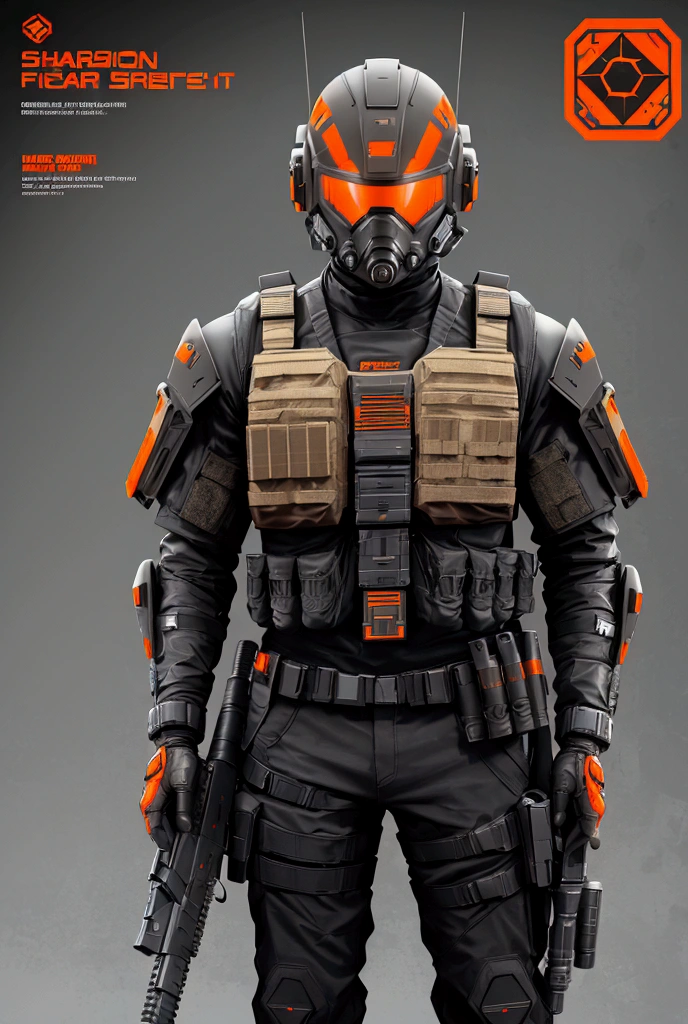 sharp orange and black man with gun and helmet, futuristic soldier, sci-fi soldier, Space soldier on Mars with a weapon, cyberpunk soldier, with futuristic equipment and helmet, dressed in tactical armor, first person shooter game, , future combat equipment, FPS game concept art, wearing Tactical equipment, airsoft cqb, Tactical equipment