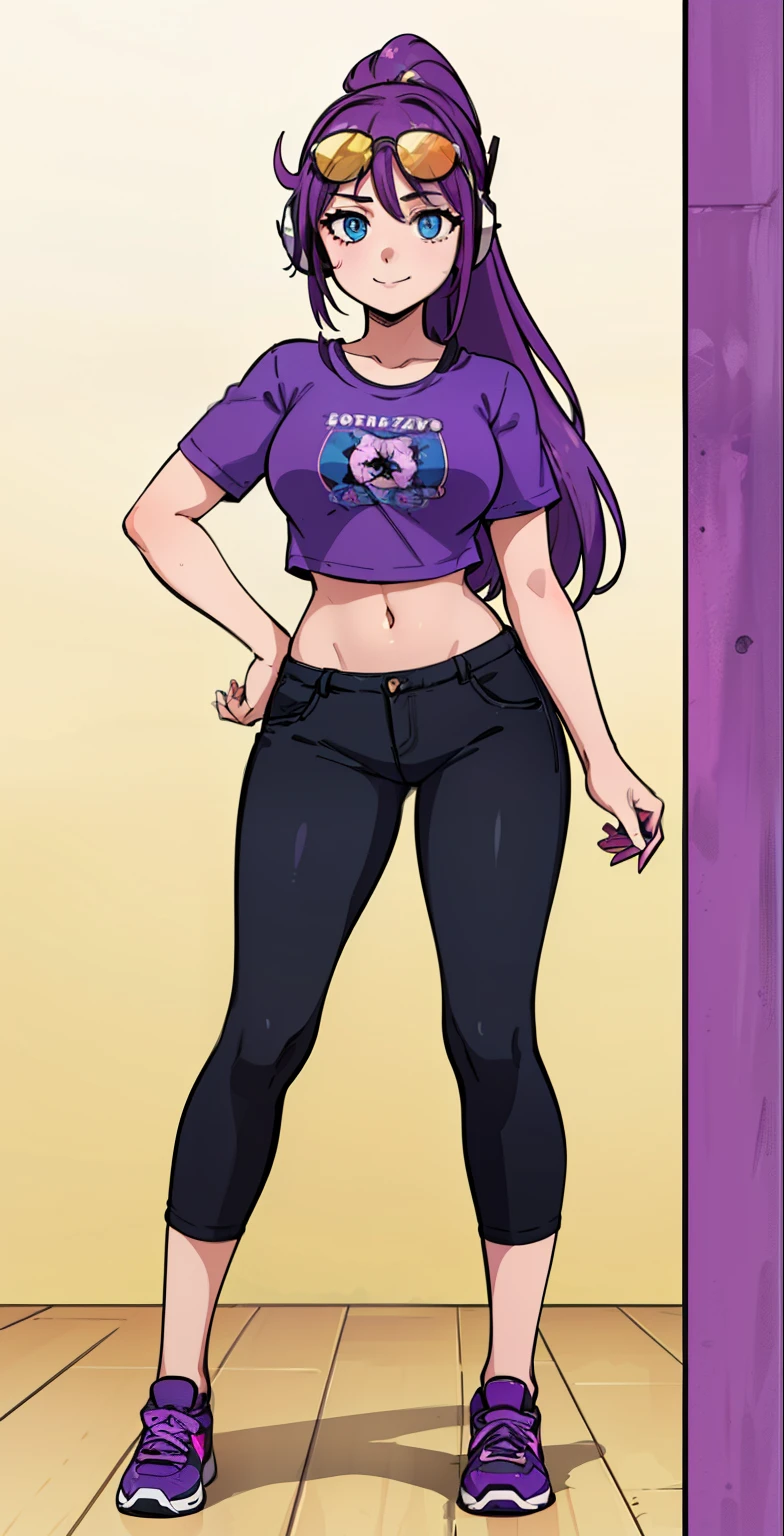 ((best quality), (high quality), (detailed), (masterpiece), good artist, 1girl, ( violet hair), ((blue eyes)), (sunglasses), headphones, (short ponytail), casual wear, gentle smile, ((under crop top)), ((crop top)), ((purple t shirt)), black pants, a two headed woman with beautiful detailed eyes, (detailed hairstyles), strong and confident expressions, pre-teenage girl, beautiful body and face, ((barn)), ((phoneaholic teenager)), (length hair), full body