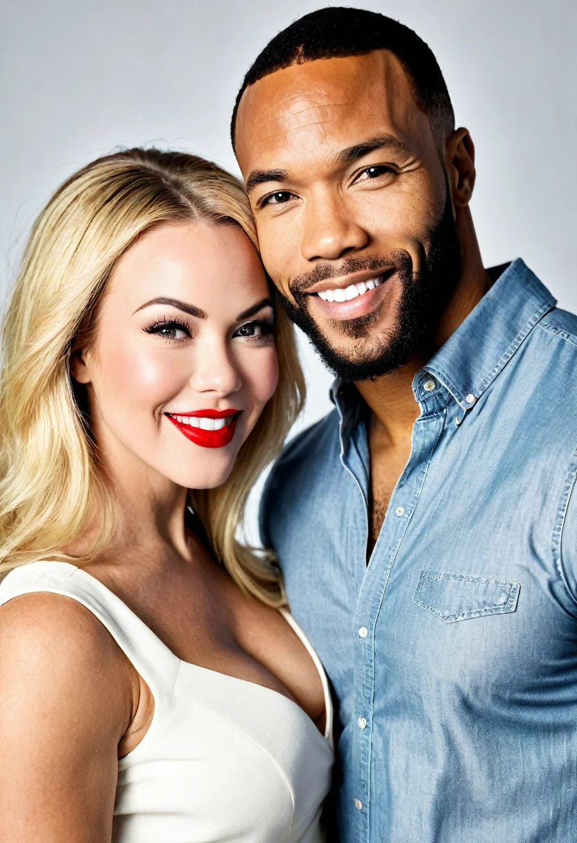 Erika Eleniak and a handsome African American male whose facial features are a combo of Isaiah Mustafa + ??? Cudi + Jason Derulo + Charles Michael Davis pose together for a photo. Both are smiling. Both are attired attractively but casually for a date. Erika wears a light-pink blazer over a white top and a black skirt. Erika has lovely makeup on her face. Daytime. Romantic ambiance. Symmetrical eyes. Symmetrical faces. Lovely details. Photorealistic. Full-colored photo. Professional photo. Highly detailed 8K.
