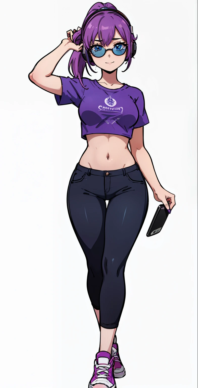 ((best quality), (high quality), (detailed), (masterpiece), good artist, 1girl, ( violet hair), ((blue eyes)), (sunglasses), headphones, (short ponytail), casual wear, gentle smile, ((under crop top)), ((crop top)), ((purple t shirt)), black pants, a two headed woman with beautiful detailed eyes, (detailed hairstyles), strong and confident expressions, pre-teenage girl, beautiful body and face, ((barn)), ((phoneaholic teenager)), (length hair), full body