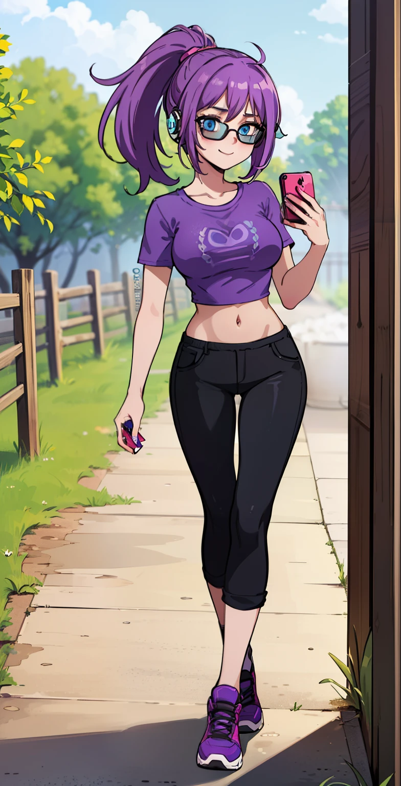 ((best quality), (high quality), (detailed), (masterpiece), good artist, 1girl, ( violet hair), ((blue eyes)), (sunglasses), headphones, (short ponytail), casual wear, gentle smile, ((under crop top)), ((crop top)), ((purple t shirt)), black pants, a two headed woman with beautiful detailed eyes, (detailed hairstyles), strong and confident expressions, pre-teenage girl, beautiful body and face, ((barn)), ((phoneaholic teenager)), (length hair), full body, ((holding an iPhone))