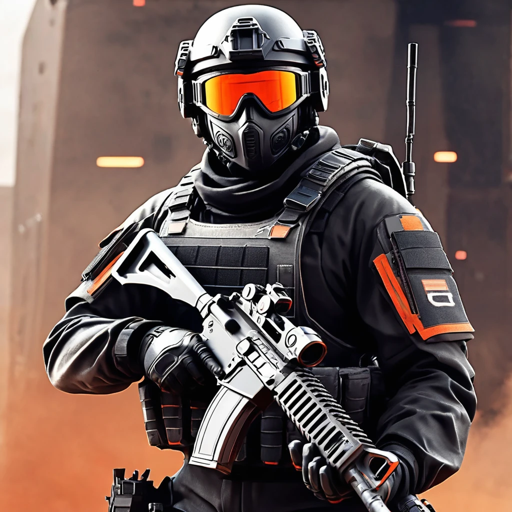 1985 action movie style, city of horrible scp foundation Mobile Task Forces with red glass helmet orange and black sharp man with gun and helmet, futuristic soldier, sci-fi soldier, Space soldier on Mars with a weapon, cyberpunk soldier, with futuristic equipment and helmet, dressed in tactical armor, first person shooter game, , future combat equipment, FPS game concept art, wearing Tactical equipment, airsoft cqb, Tactical equipment
