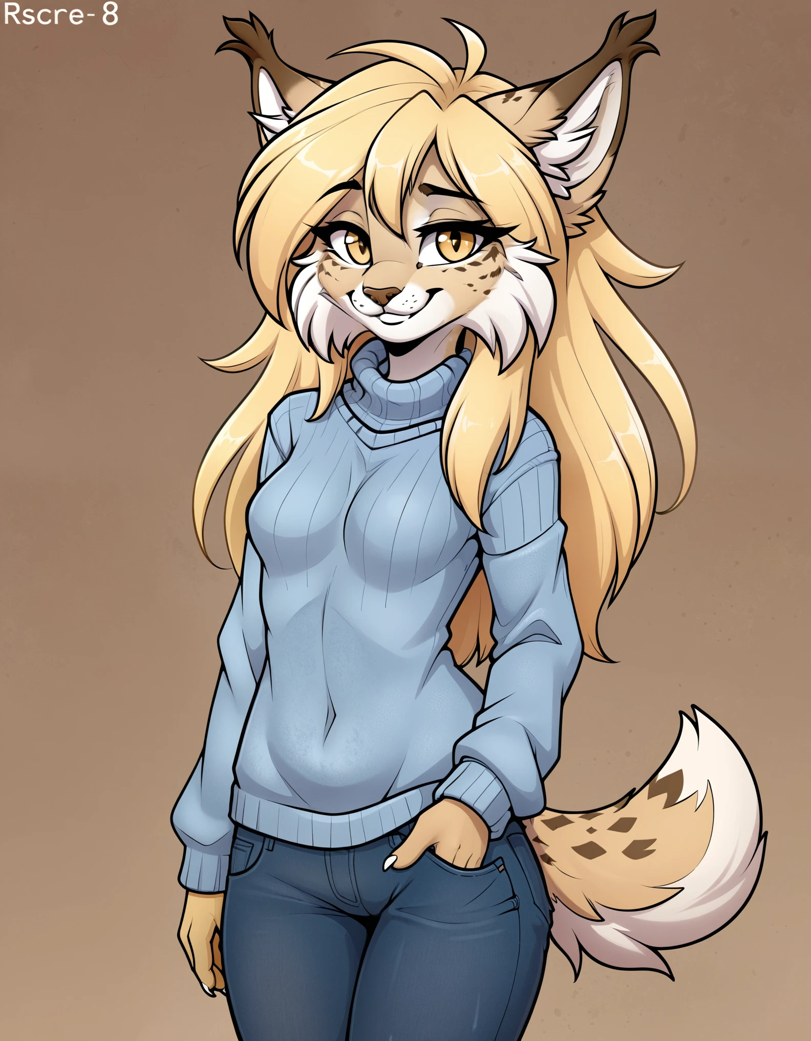 lineart, anthro, furry, feline, female, detailed textured fur, fur tufts, fluffy, slim, slender, cute, sweater, baggy denim jeans, detailed eyes, smile, solo, SFW, lynx, long blonde hair,  absurdres, highre