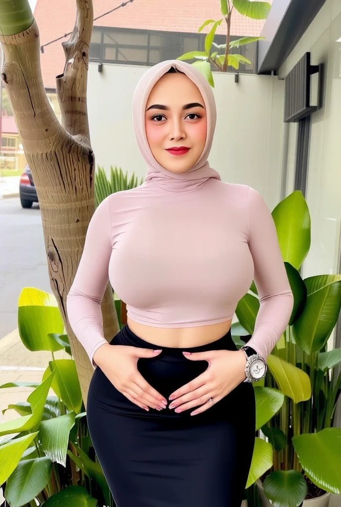 1 beautiful hijab woman, mayang, charming eyes, small smile, red lips, huge tits, curvy athletic body, sexy hips, slim feet, head to toe, (masterpiece, 8k, raw, ultra detail, best quality: 2.0), intricate details, full body pose