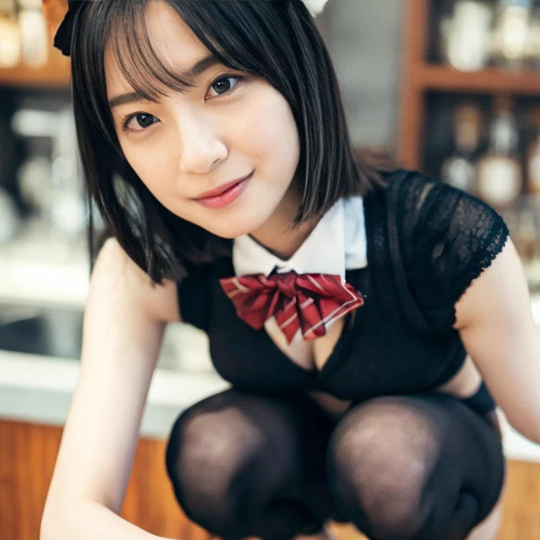 (photorealistic:1.2), Photo of a beautiful Japanese model 30 years old woman BREAK Professional lighting BREAK (gigantic breasts, huge breasts):1.5, (playboy bunny):1.5, (rabbit ears, black rabbit ears, fake rabbit ears):1.1, (pantyhose, black pantyhose):1.1, (bowtie, wrist cuffs):1.2, (black highleg leotard):1.1, high heels:1.1, latex:1.4 BREAK short hair, brown hair, smile, cute face, curvy body BREAK (squatting legs:1.2), (spread legs:1.2), handjob, BREAK looking at viewer, from below, medium shot, bar, bar counter