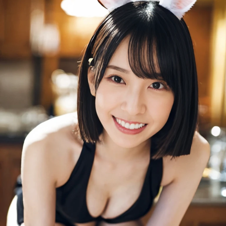 (photorealistic:1.2), Photo of a beautiful Japanese model 30 years old woman BREAK Professional lighting BREAK (gigantic breasts, huge breasts):1.5, (playboy bunny):1.5, (rabbit ears, black rabbit ears, fake rabbit ears):1.1, (pantyhose, black pantyhose):1.1, (bowtie, wrist cuffs):1.2, (black highleg leotard):1.1, high heels:1.1, latex:1.4 BREAK short hair, brown hair, smile, cute face, curvy body BREAK (squatting legs:1.2), (spread legs:1.2), handjob, BREAK looking at viewer, from below, medium shot, bar, bar counter