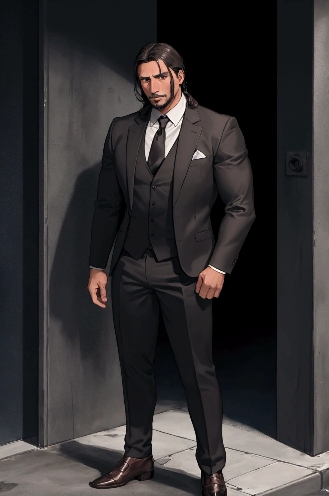 Mexican man, 40 years old, long black hair and short brown eyes, dressed in a suit and muscular