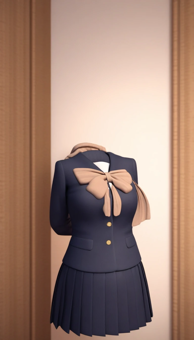 A detailed 3D rendering of a sailor Japanese school uniform floating without a body. The outfit includes a navy blue pleated skirt and a matching blazer with a sailor collar, very big boob,accented by a beige scarf tied at the chest. The scene is set in a cozy, well-lit Japanese-style living room with wooden flooring, soft lighting, and family photos on the wall. There is a modern air conditioning unit on the wall and a bookshelf in the background."